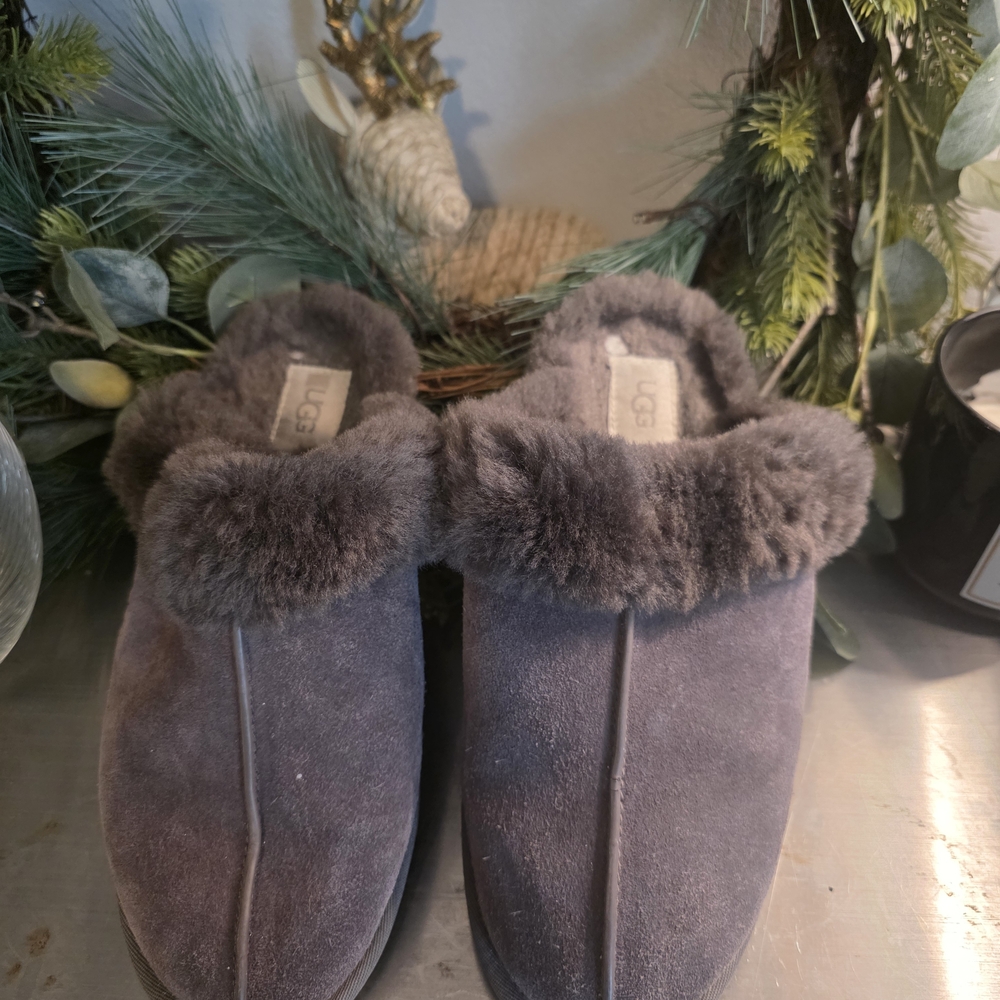 UGG Charcoal Suede Shearling Clog Slippers